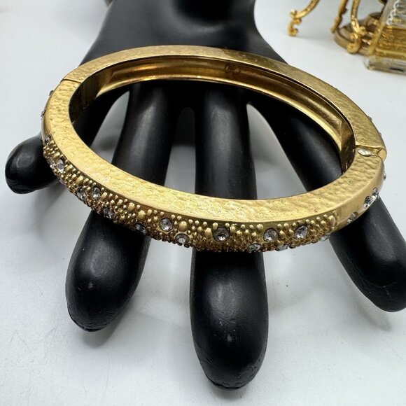 BRIGHTON Gold Tone & Clear Crystals Hammered Hinged Bracelet 6.3/4 - Picture 10 of 10